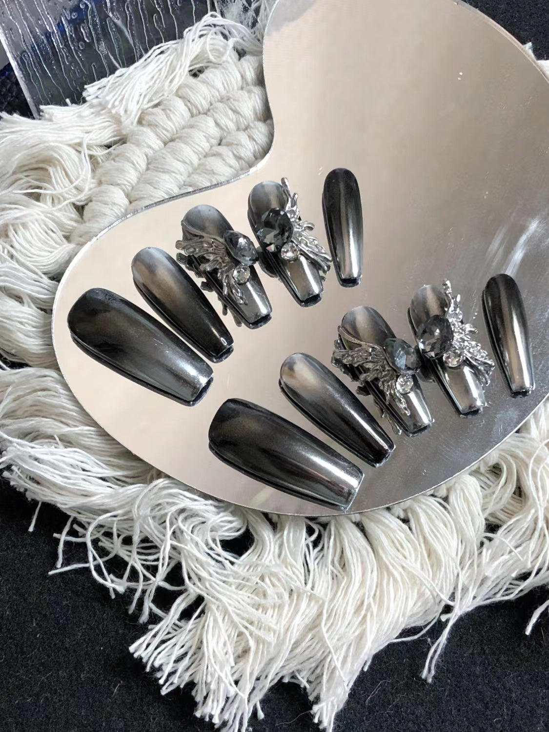 Press-on nails A097 (Ice Gray Diamond Butterfly) – gallery 4