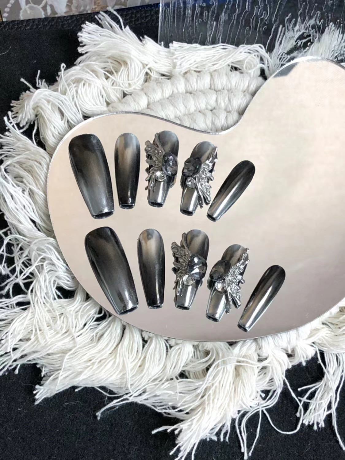 Press-on nails A097 (Ice Gray Diamond Butterfly) – gallery 5