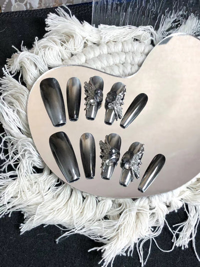 Press-on nails A097 (Ice Gray Diamond Butterfly) – gallery 5