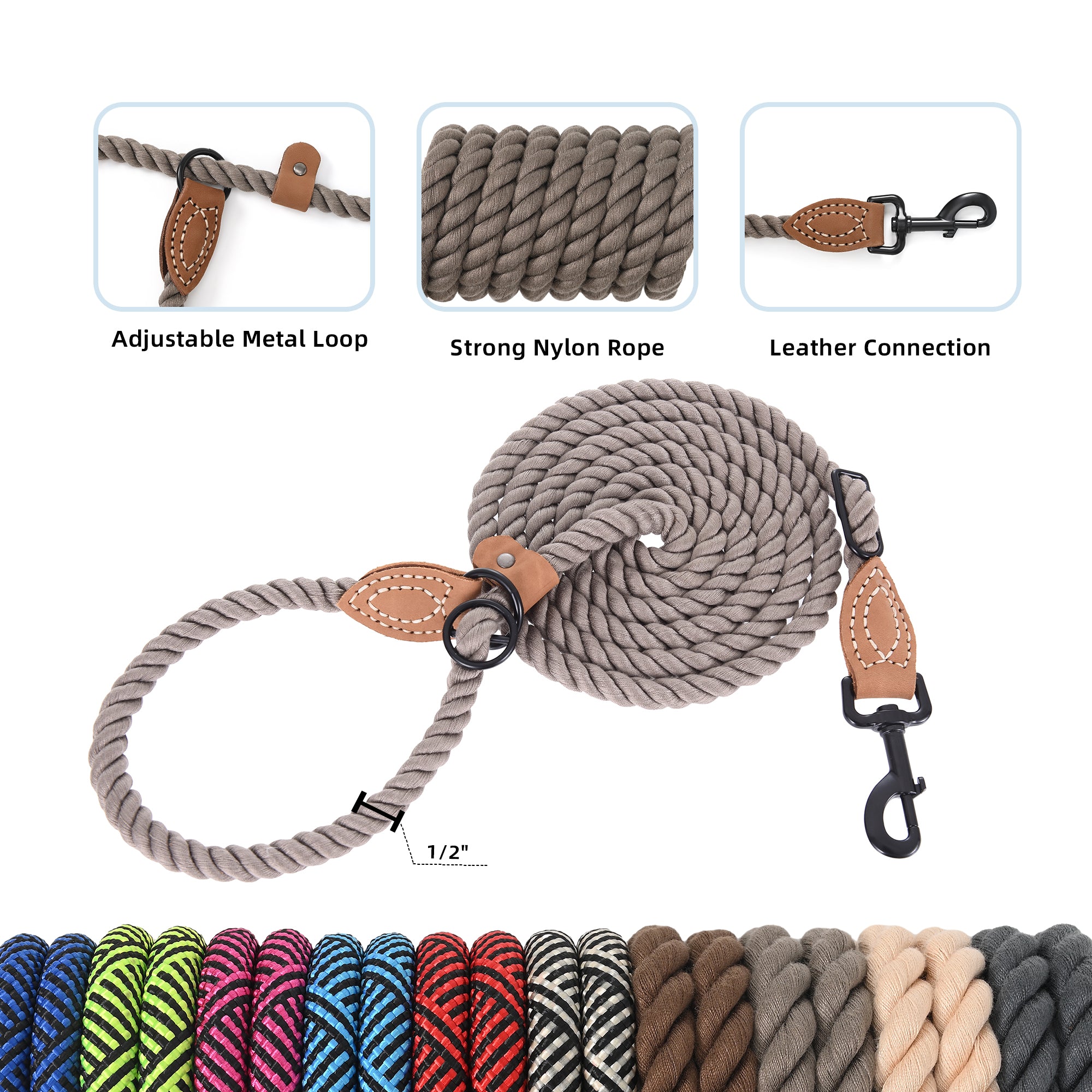 Mile High Life hands-free rope dog leash with leather connection — view 2