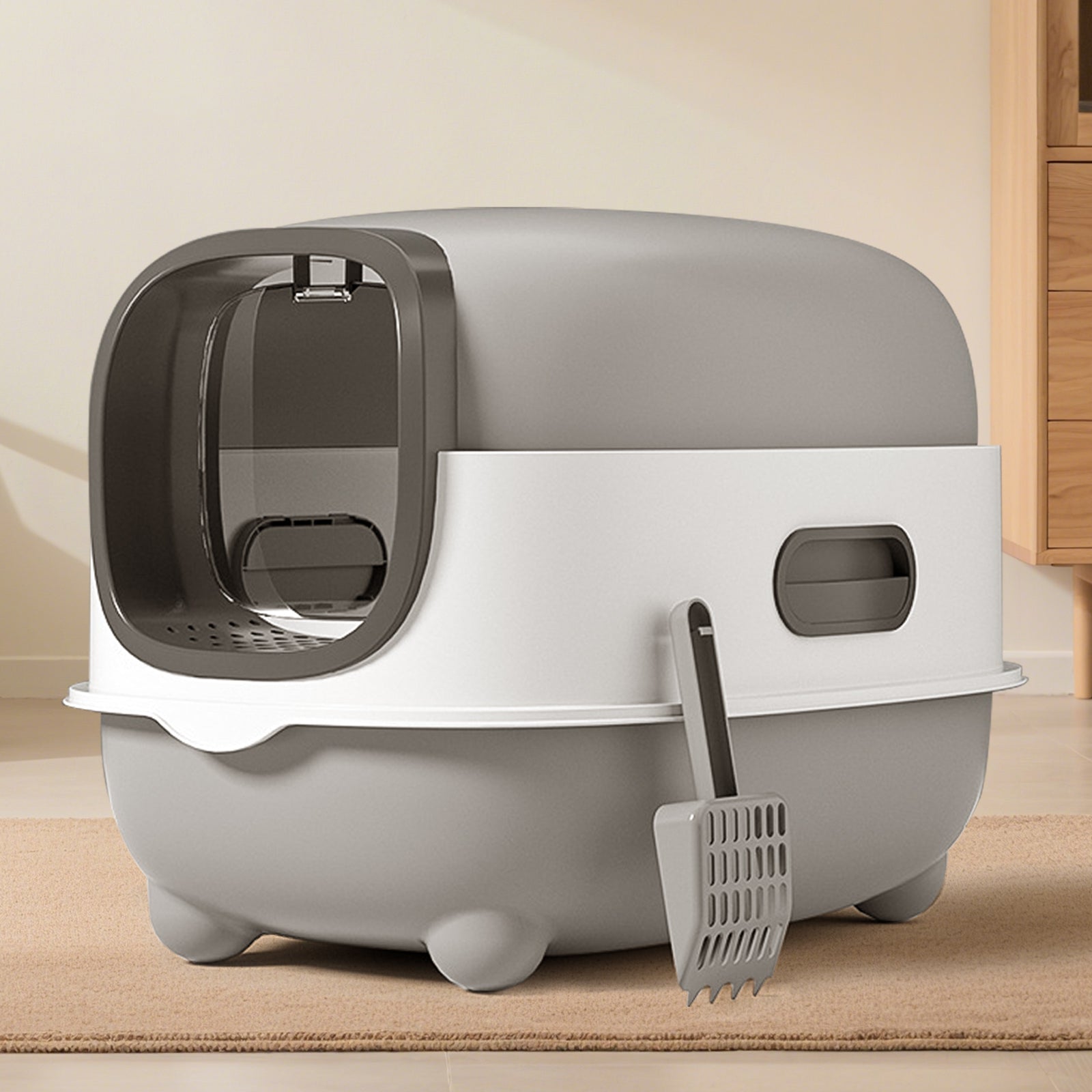 E-Style Cat Litter Box — Grey | Open-Top Litter Pan with Splash Guard – gallery 8