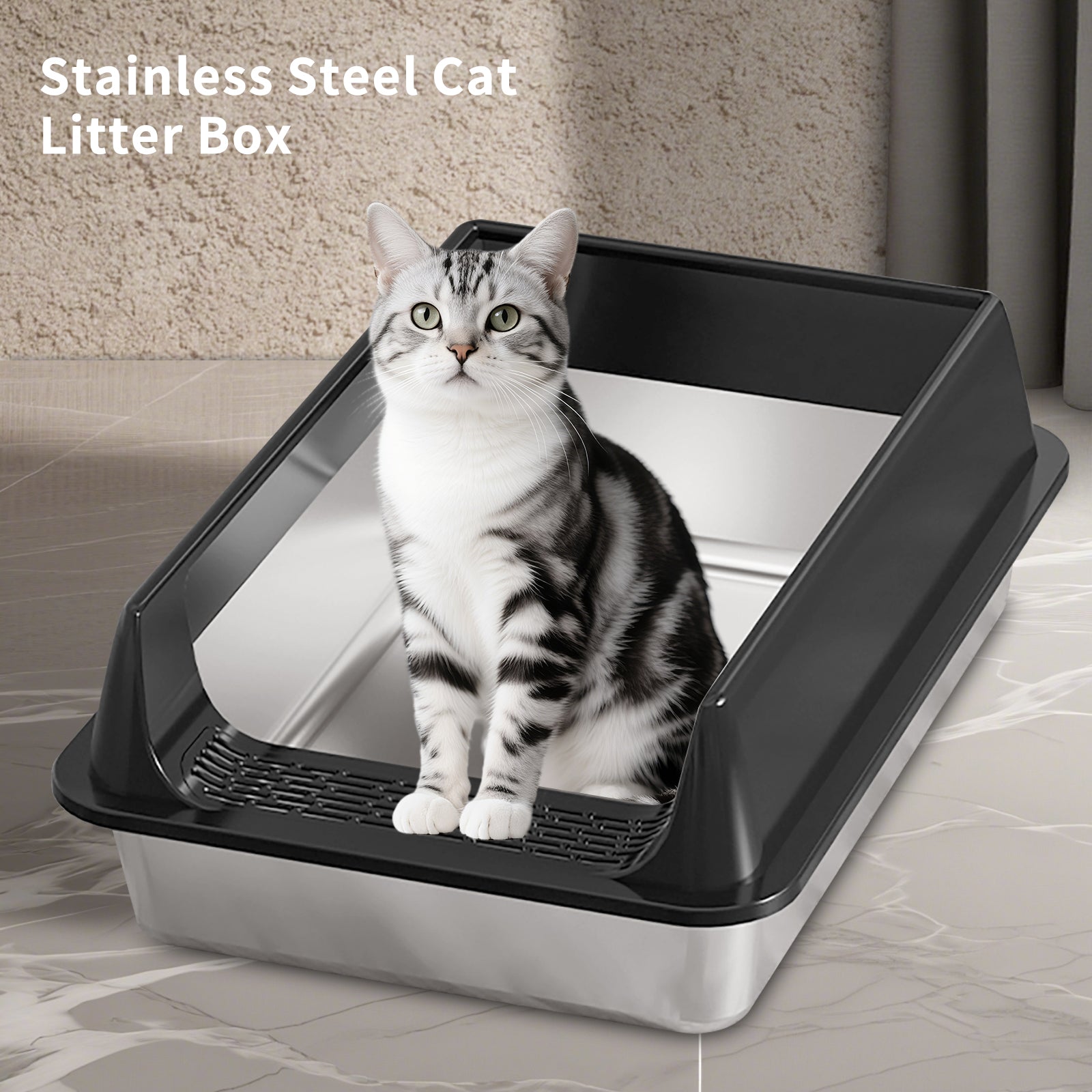 L-Size Stainless Steel Cat Litter Box — Black | Rust-Proof Litter Pan – gallery 8