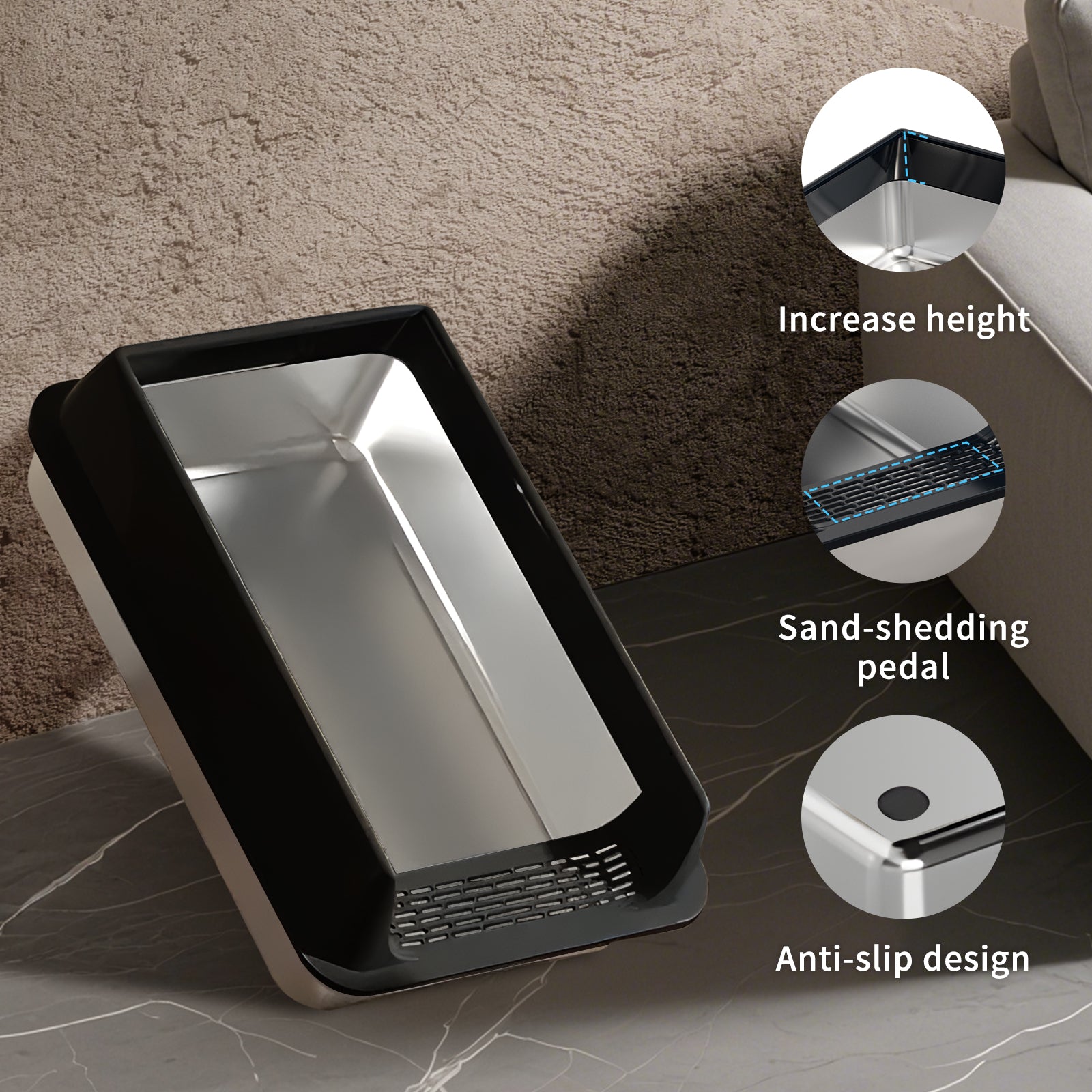 L-Size Stainless Steel Cat Litter Box — Black | Rust-Proof Litter Pan – gallery 6