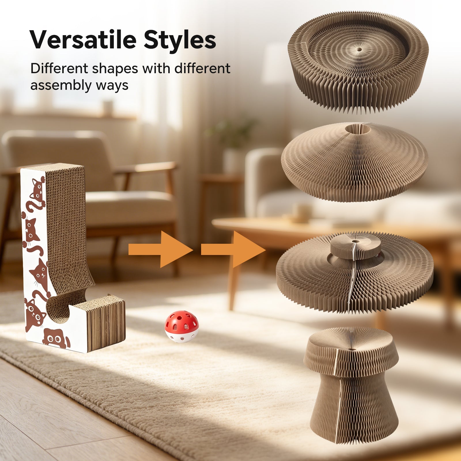 Accordion Cat Scratcher with Interactive Ball | Foldable Cardboard Lounger – gallery 7
