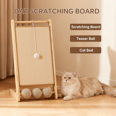 L-Shape Sisal Cat Scratcher with Interactive Ball Track – Natural