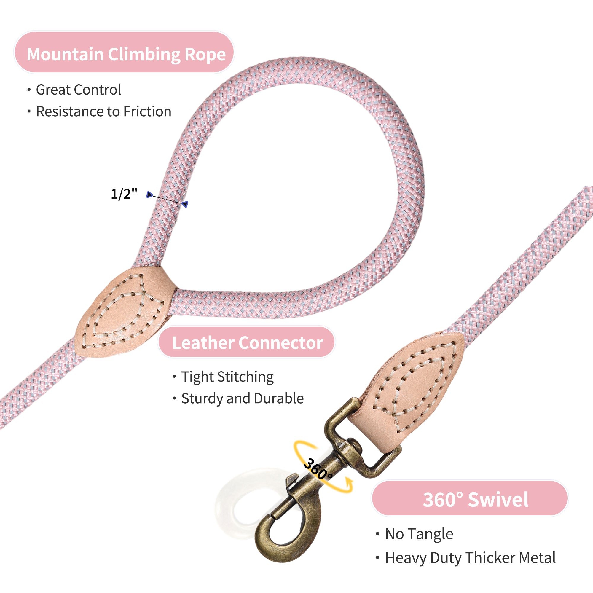 Mile High Life chew-proof climbing rope dog leash with reflective strands and leather tip — view 2