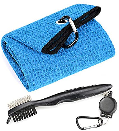 Mile High Life Microfiber Waffle Pattern Tri-fold Golf Towel | Brush Tool Kit with Club Groove Cleaner, Retractable Extension Cord and Clip