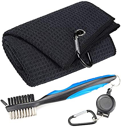 Mile High Life tri-fold microfiber golf towel with groove brush and retractable bag clip, main product photo