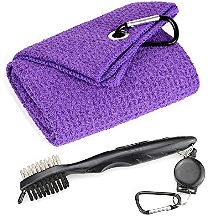 Mile High Life tri-fold microfiber golf towel with groove brush and retractable bag clip — view 7