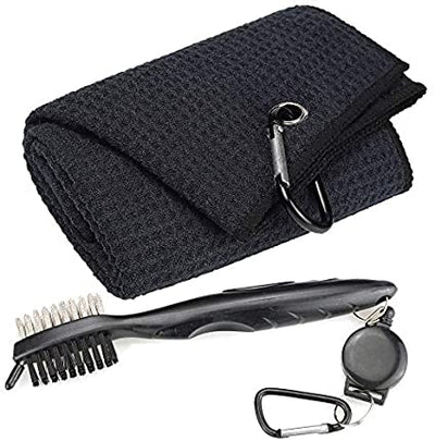 Mile High Life Microfiber Waffle Pattern Tri-fold Golf Towel | Brush Tool Kit with Club Groove Cleaner, Retractable Extension Cord and Clip