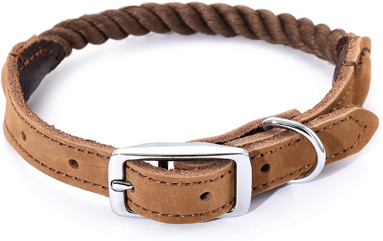 Mile High Life braided cotton rope dog collar with genuine leather and stainless steel buckle — view 2