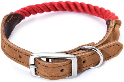Mile High Life Rope Dog Collar | Durable Braided Cotton Rope Collars | Genuine Leather Dog Collar w Metal Pin Buckle | Classic Puppy Collars for Large Dog