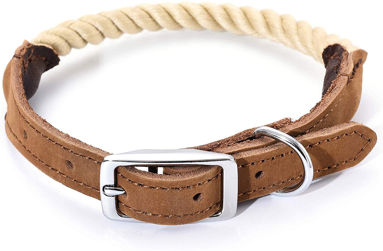 Mile High Life braided cotton rope dog collar with genuine leather and stainless steel buckle, main product photo