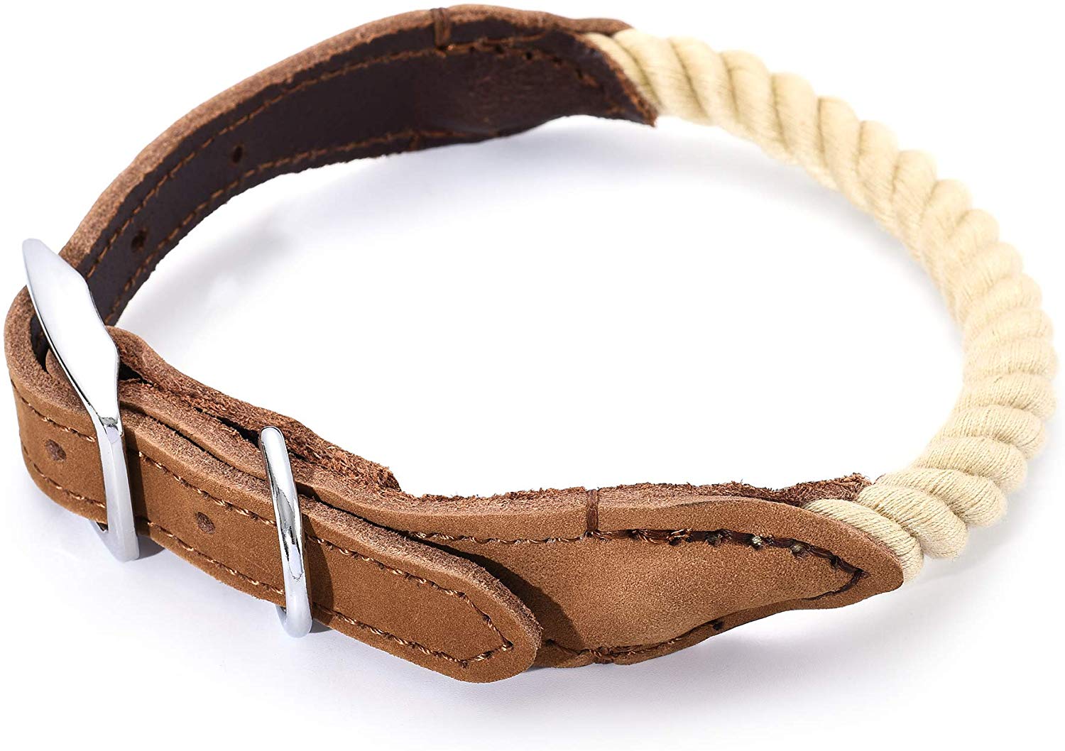 Mile High Life braided cotton rope dog collar with genuine leather and stainless steel buckle — view 9