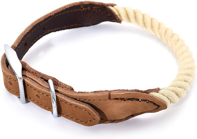 Mile High Life Rope Dog Collar | Durable Braided Cotton Rope Collars | Genuine Leather Dog Collar w Metal Pin Buckle | Classic Puppy Collars for Large Dog