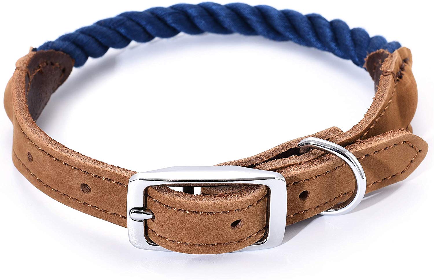 Mile High Life braided cotton rope dog collar with genuine leather and stainless steel buckle — view 8
