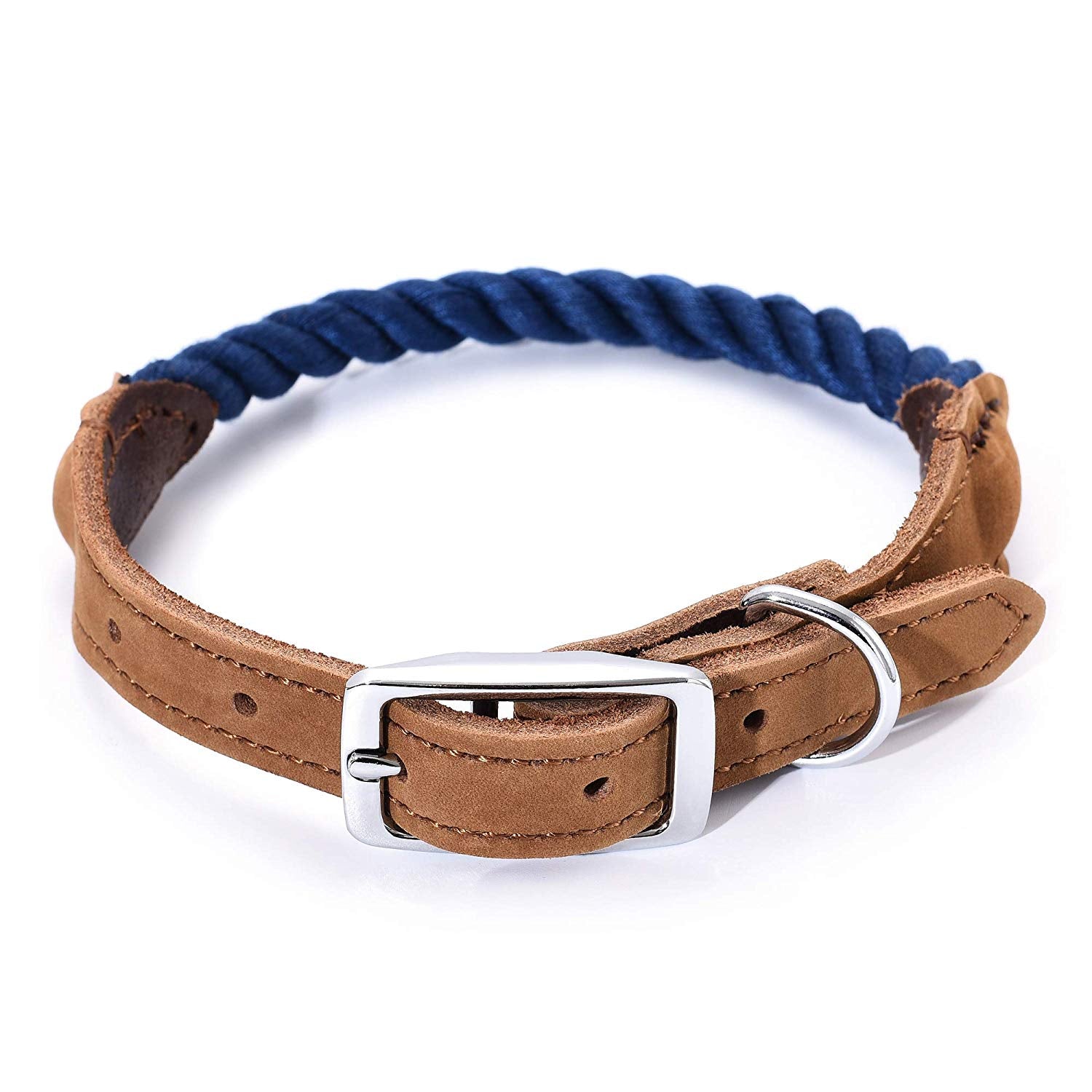 Mile High Life braided cotton rope dog collar with genuine leather and stainless steel buckle — view 3