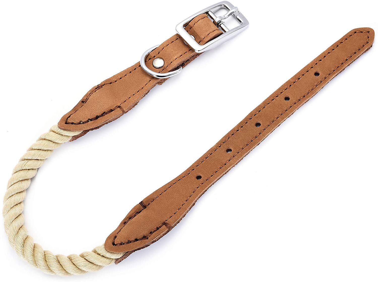 Mile High Life braided cotton rope dog collar with genuine leather and stainless steel buckle — view 11