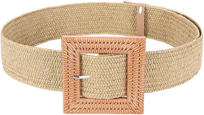 Women’s Tropical Wide Woven Stretch Waist Belt | Round Wood Buckle Summer Dress Belt | Large Square Buckle Waist Belt