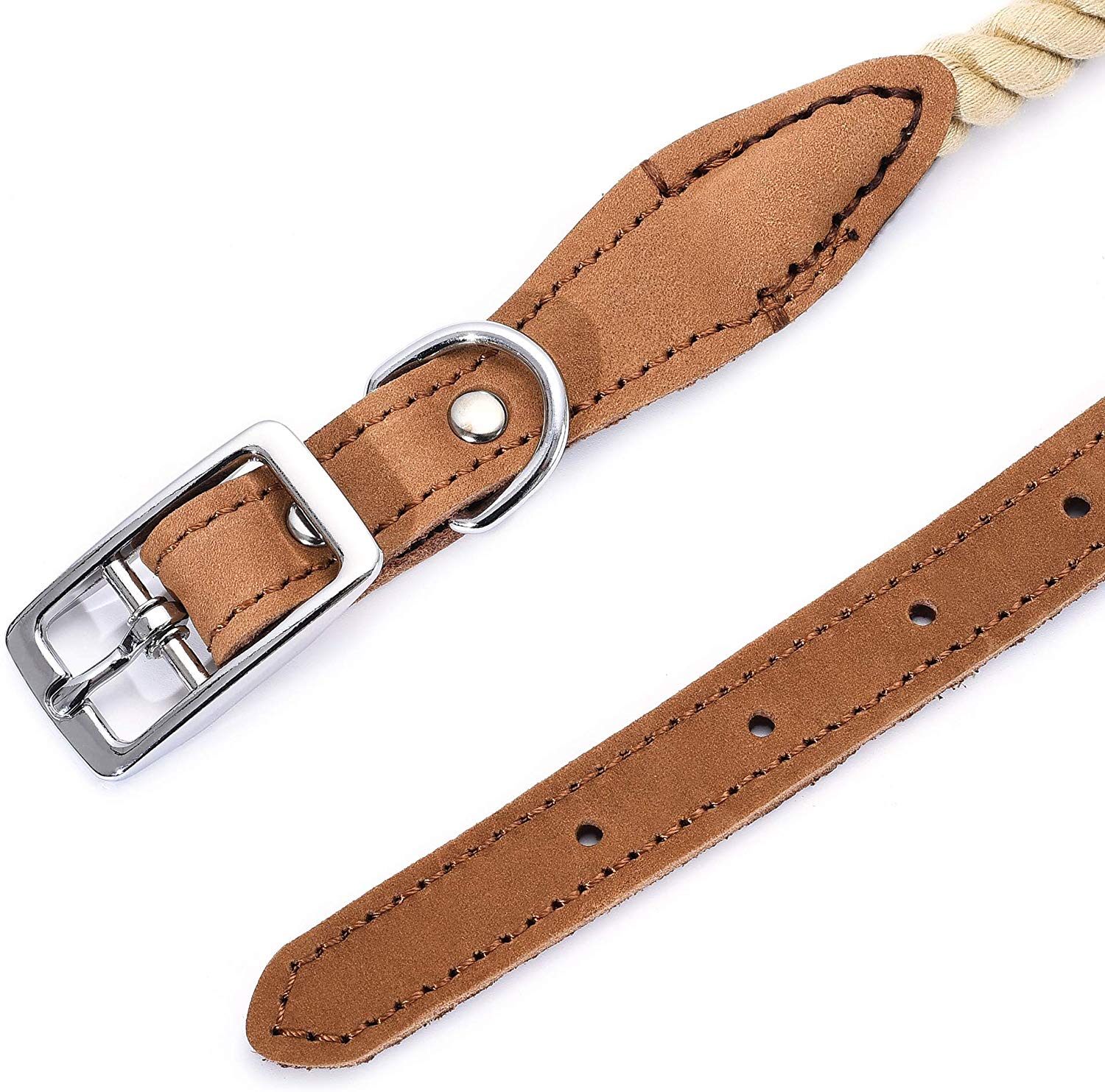 Mile High Life braided cotton rope dog collar with genuine leather and stainless steel buckle — view 10