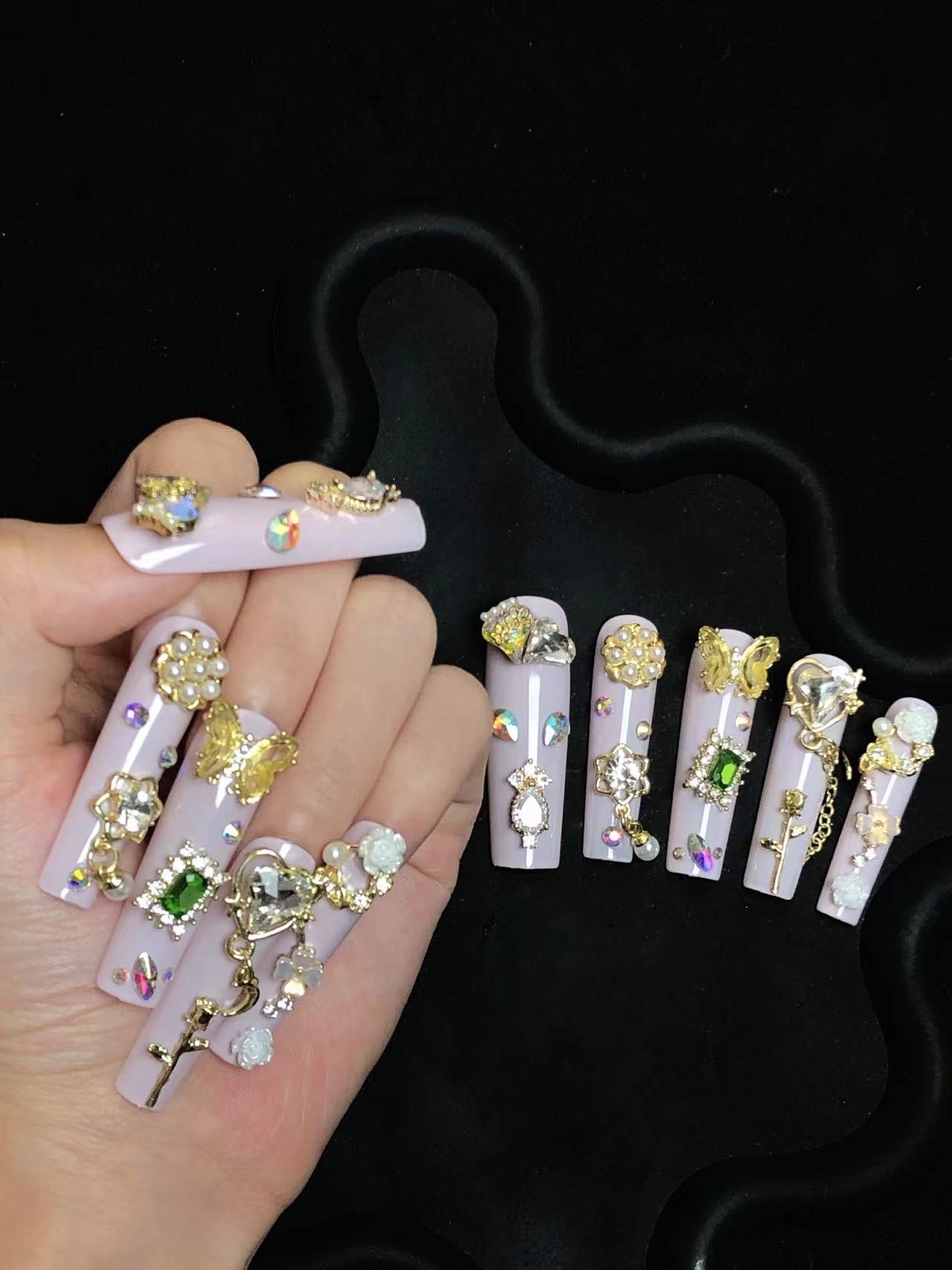 45mm Extra-Long Press-On Nails — Style S135, Hand-Pressed Luxury, 10pc Set