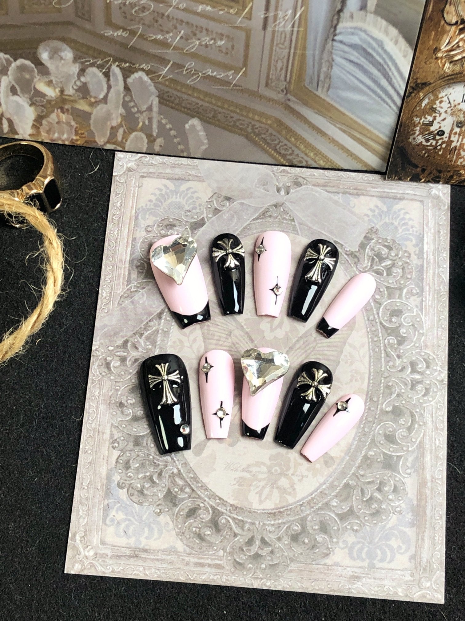 Short Press-On Nail Stickers — Style ST108, No-Glue Handmade, 10pc Set
