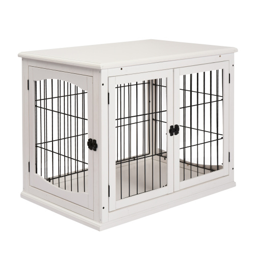 Wooden dog crate end table with lockable door and open sides, main product photo