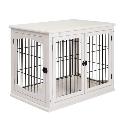 Wooden dog crate end table with lockable door and open sides, main product photo