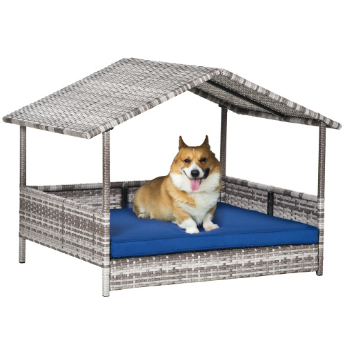Outdoor rattan dog house with canopy, wicker pet bed and shade shelter, main product photo