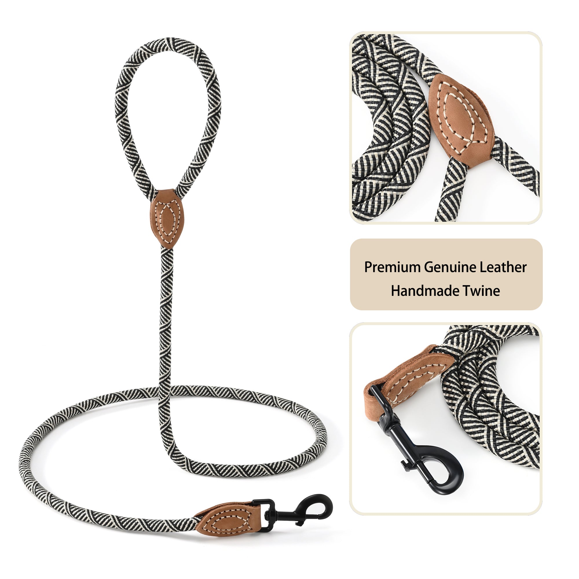 Mountain Climbing Dog Rope Leash with Metal Sturdy Clasp | Genuine Leather Tailored Connection with Strong Stitches