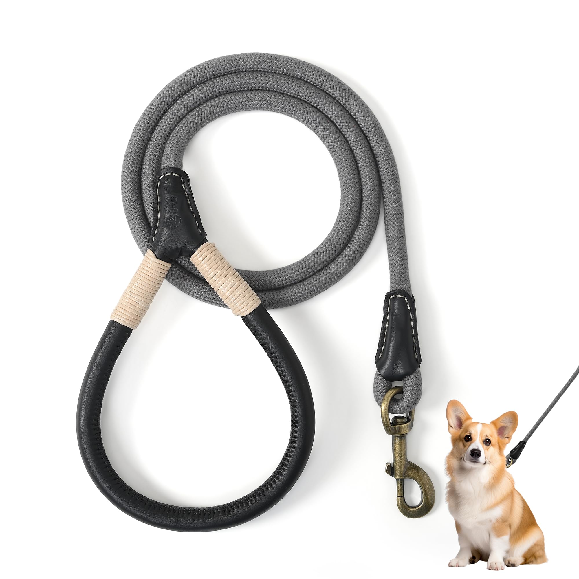 Mile High Life Dog Leash | Strong Rope Dog Leash w Soft Leather Wrapped Handle | 4/5/6 Feet Dog Leash w Heavy Duty Clasp | Rope Leash for Small Medium Large Dogs | Diameter 1/2"