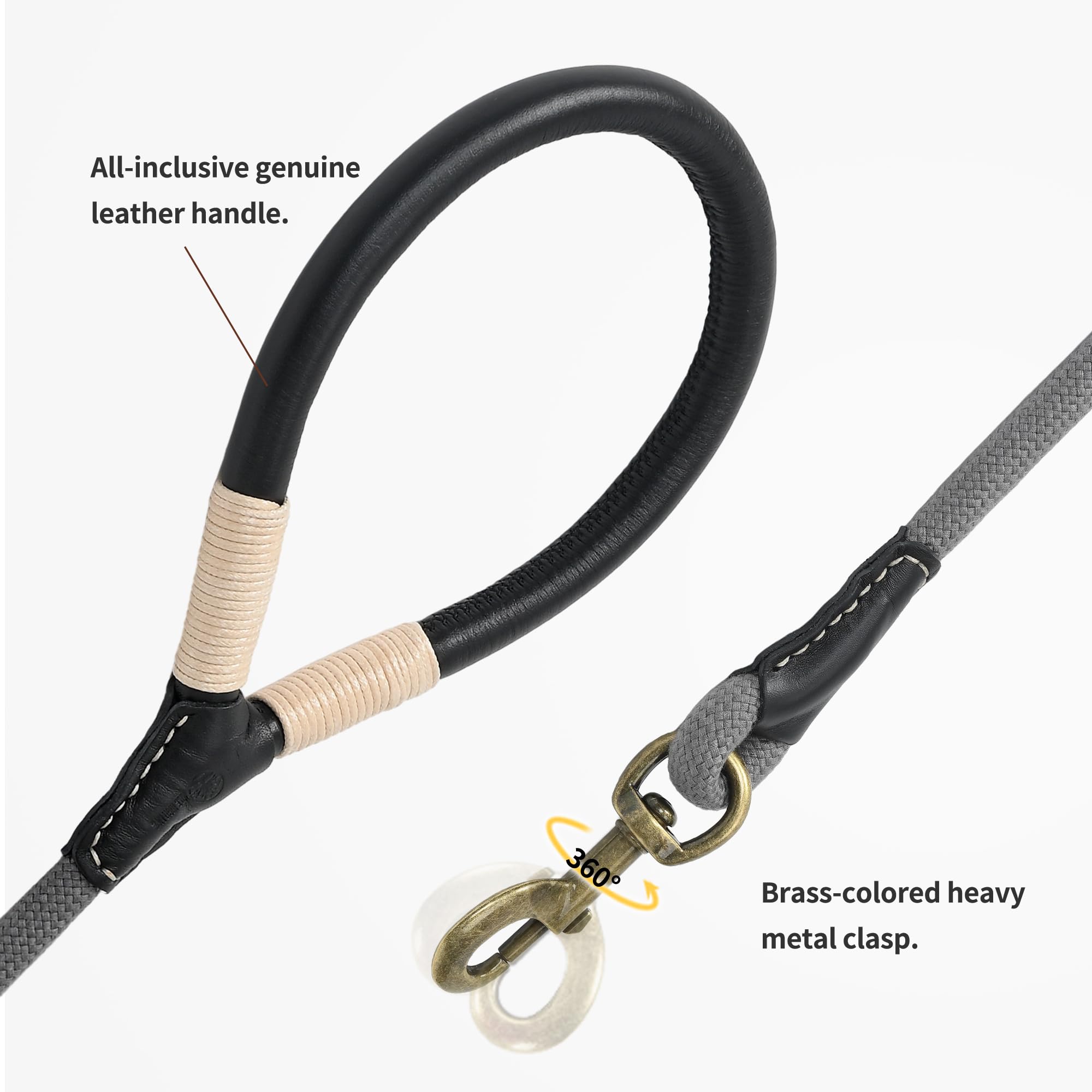 Mile High Life Dog Leash | Strong Rope Dog Leash w Soft Leather Wrapped Handle | 4/5/6 Feet Dog Leash w Heavy Duty Clasp | Rope Leash for Small Medium Large Dogs | Diameter 1/2"