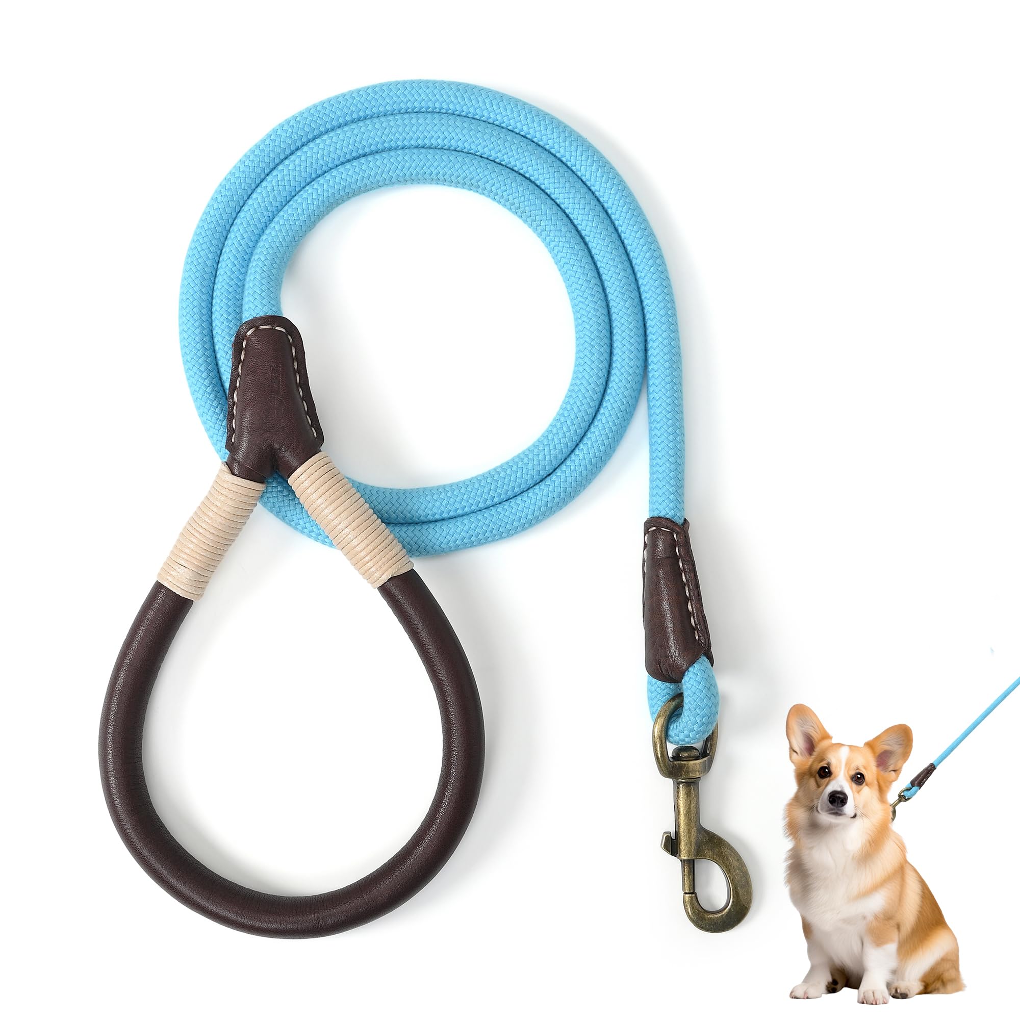 Mile High Life Dog Leash | Strong Rope Dog Leash w Soft Leather Wrapped Handle | 4/5/6 Feet Dog Leash w Heavy Duty Clasp | Rope Leash for Small Medium Large Dogs | Diameter 1/2"