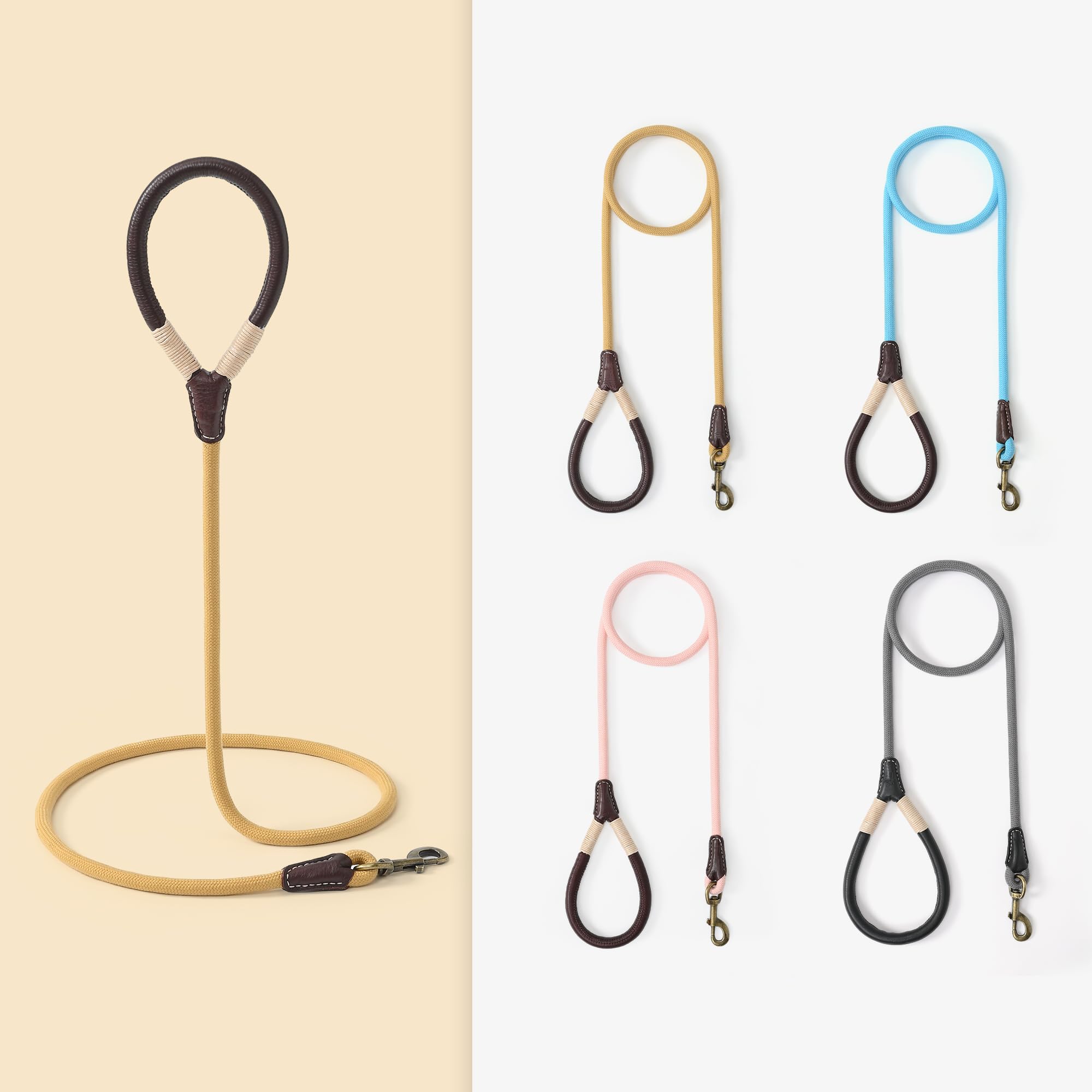 Mile High Life Dog Leash | Strong Rope Dog Leash w Soft Leather Wrapped Handle | 4/5/6 Feet Dog Leash w Heavy Duty Clasp | Rope Leash for Small Medium Large Dogs | Diameter 1/2"