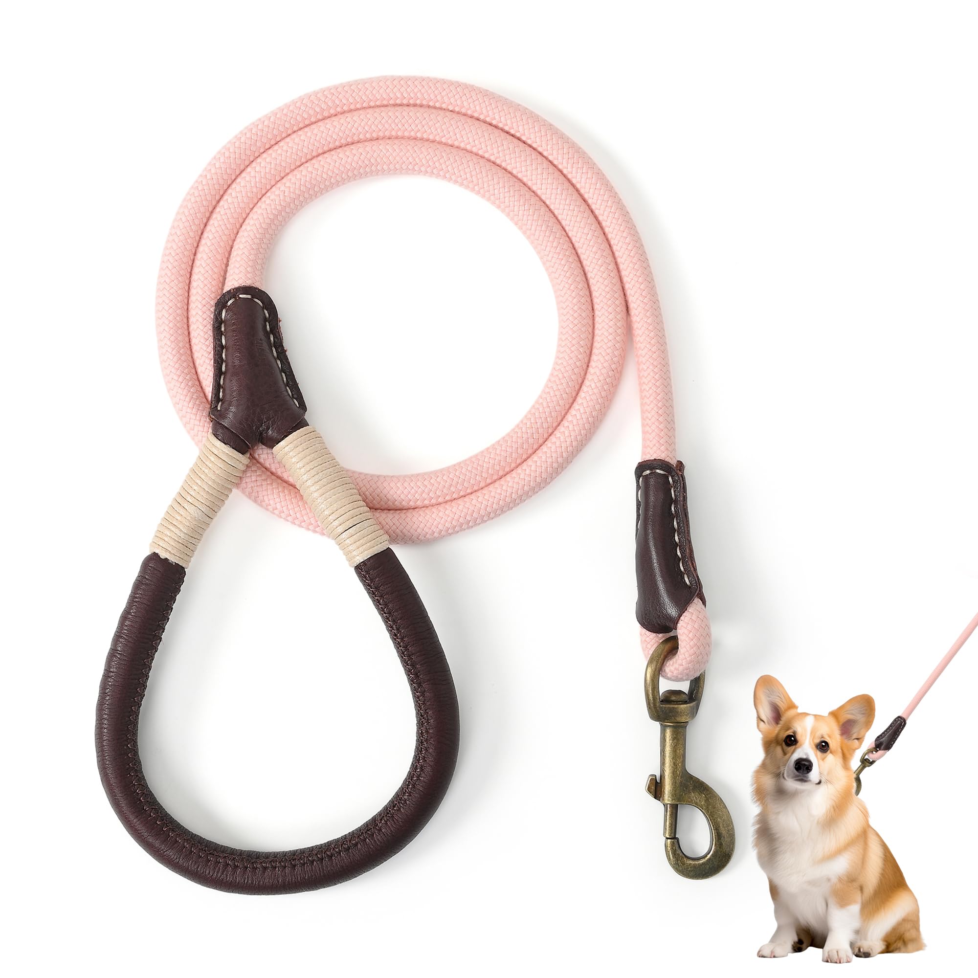 Mile High Life Dog Leash | Strong Rope Dog Leash w Soft Leather Wrapped Handle | 4/5/6 Feet Dog Leash w Heavy Duty Clasp | Rope Leash for Small Medium Large Dogs | Diameter 1/2"