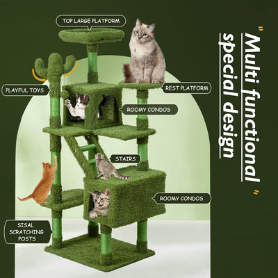 Mile High Life | Multi-Level Cat Tree Condo 58" for Large Cats | Hammock and Cactus Scratching Posts Tree for Kittens | Tall Cat Climbing Stand with Cute Hanging Ball & Toys for Play Houses