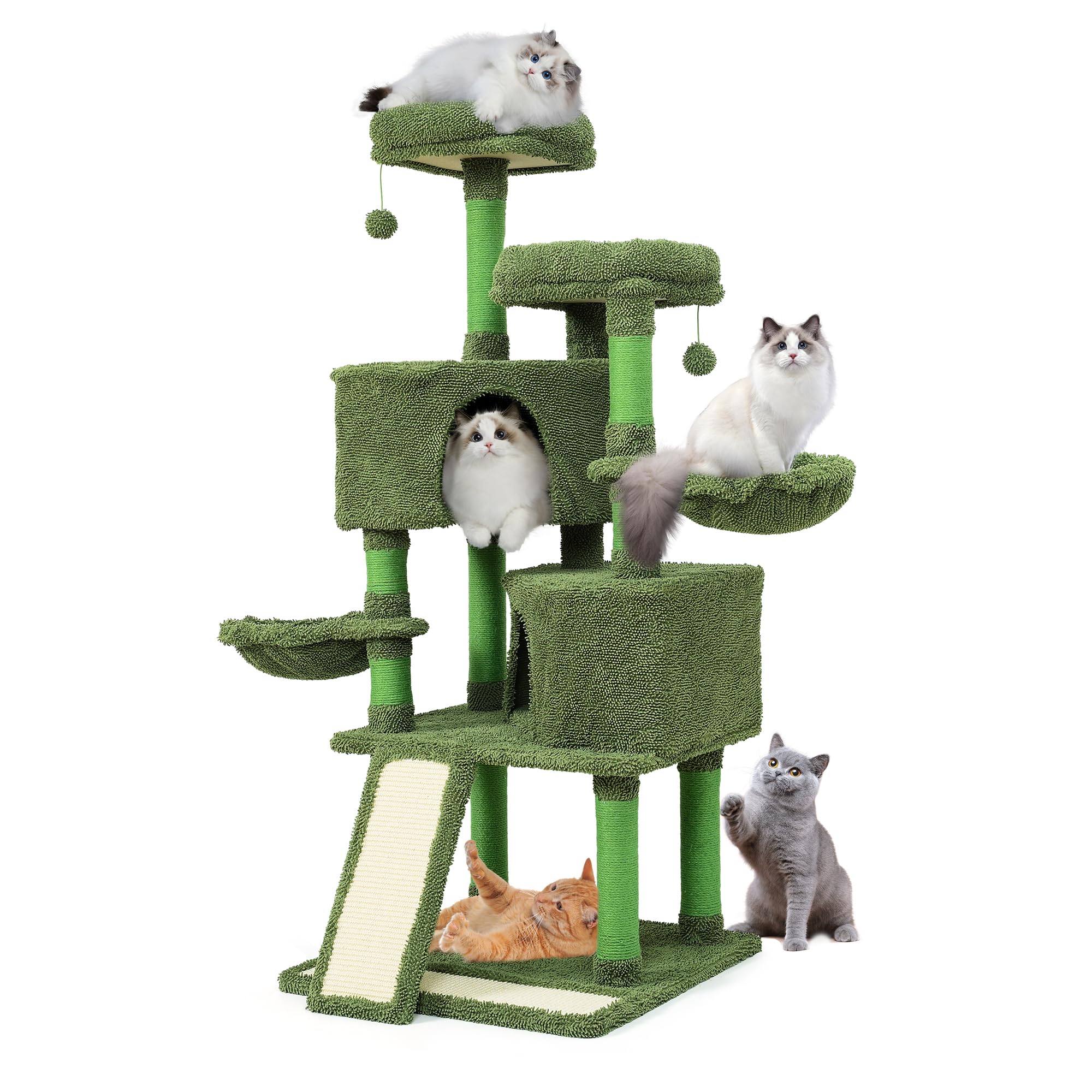 Mile High Life | Multi-Level Cat Tree Condo 58" for Large Cats | Hammock and Cactus Scratching Posts Tree for Kittens | Tall Cat Climbing Stand with Cute Hanging Ball & Toys for Play Houses