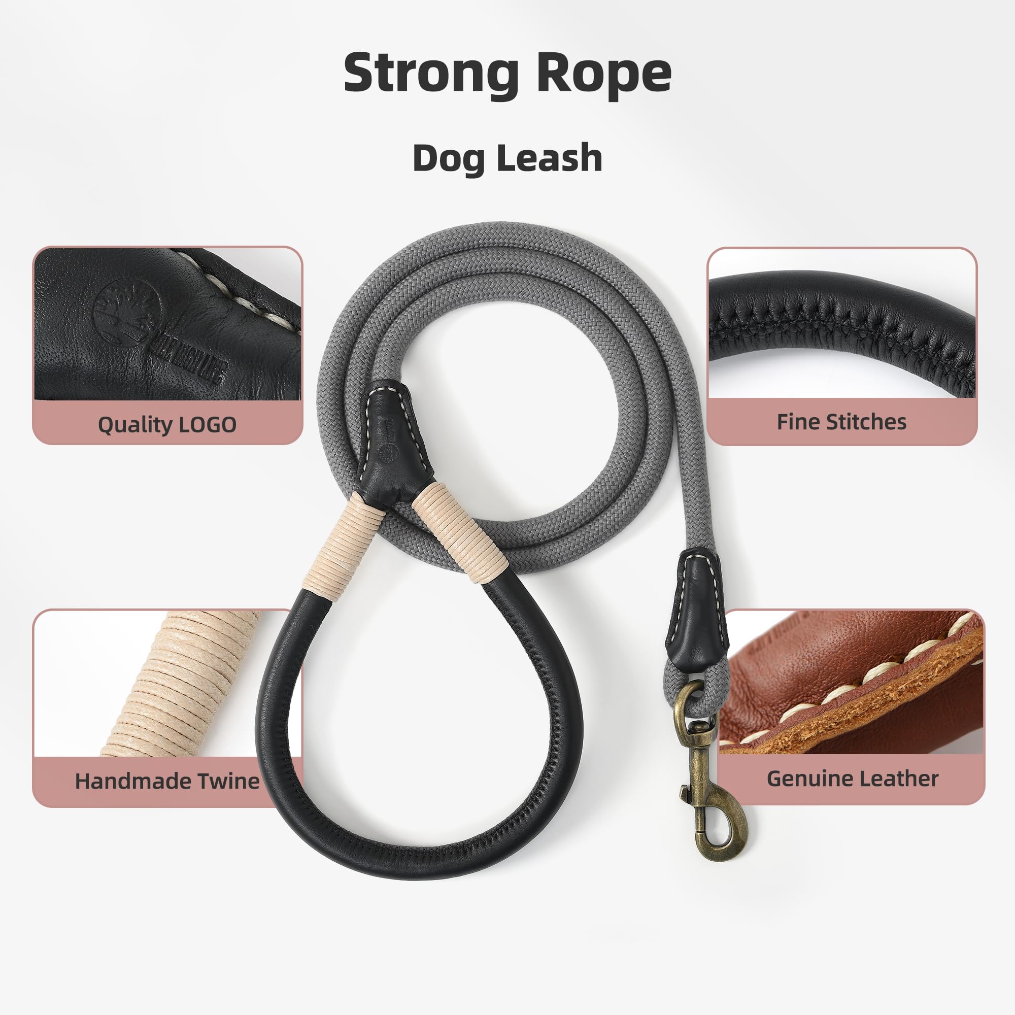 Mile High Life Dog Leash | Strong Rope Dog Leash w Soft Leather Wrapped Handle | 4/5/6 Feet Dog Leash w Heavy Duty Clasp | Rope Leash for Small Medium Large Dogs | Diameter 1/2"
