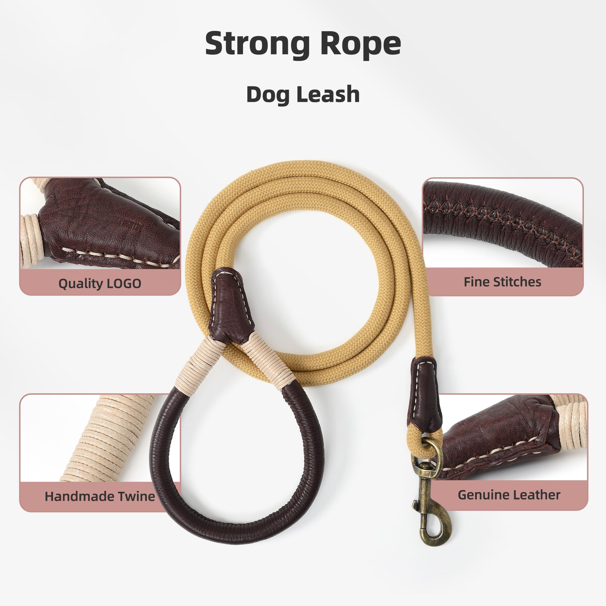 Mile High Life Dog Leash | Strong Rope Dog Leash w Soft Leather Wrapped Handle | 4/5/6 Feet Dog Leash w Heavy Duty Clasp | Rope Leash for Small Medium Large Dogs | Diameter 1/2"