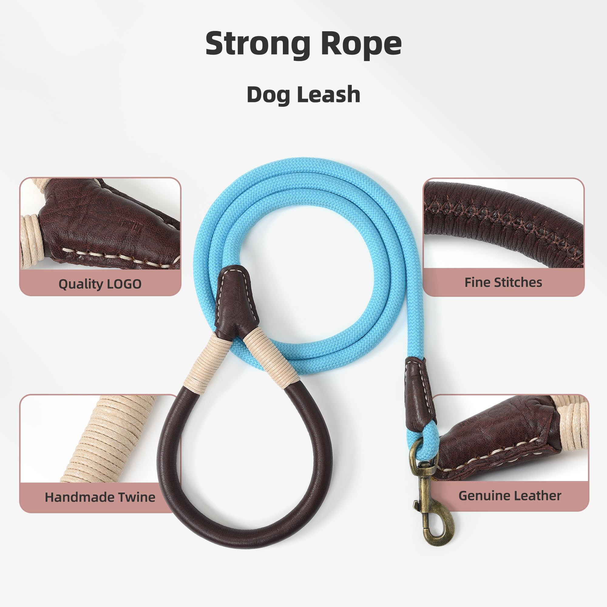Mile High Life Dog Leash | Strong Rope Dog Leash w Soft Leather Wrapped Handle | 4/5/6 Feet Dog Leash w Heavy Duty Clasp | Rope Leash for Small Medium Large Dogs | Diameter 1/2"