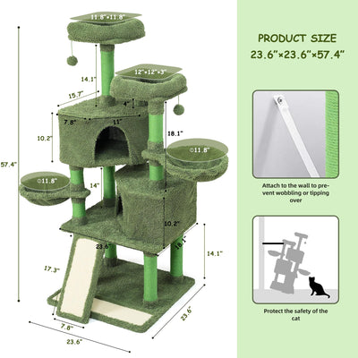 Mile High Life | Multi-Level Cat Tree Condo 58" for Large Cats | Hammock and Cactus Scratching Posts Tree for Kittens | Tall Cat Climbing Stand with Cute Hanging Ball & Toys for Play Houses