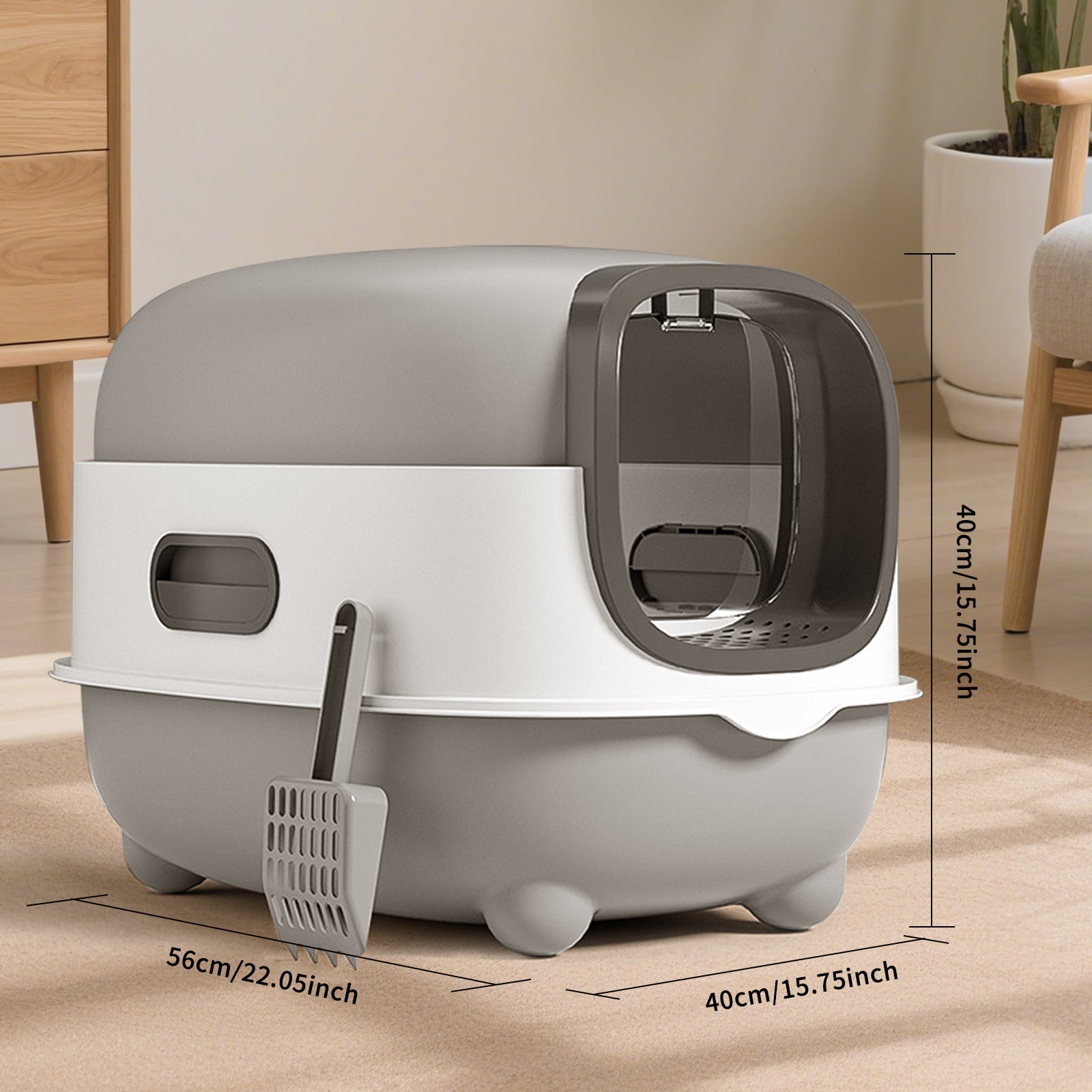 E-Style Cat Litter Box — Grey | Open-Top Litter Pan with Splash Guard – gallery 2