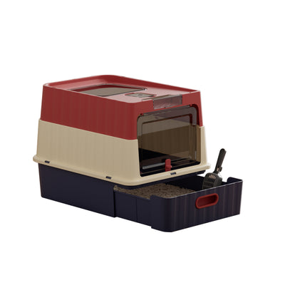 Drawer Type Cat Litter Box | Pull-Out Tray Litter Pan – red