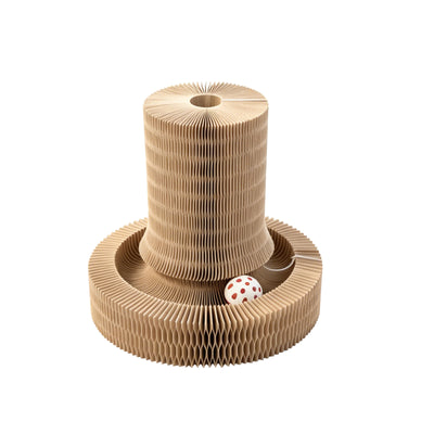 Accordion Cat Scratcher with Interactive Ball | Foldable Cardboard Lounger – Yellow
