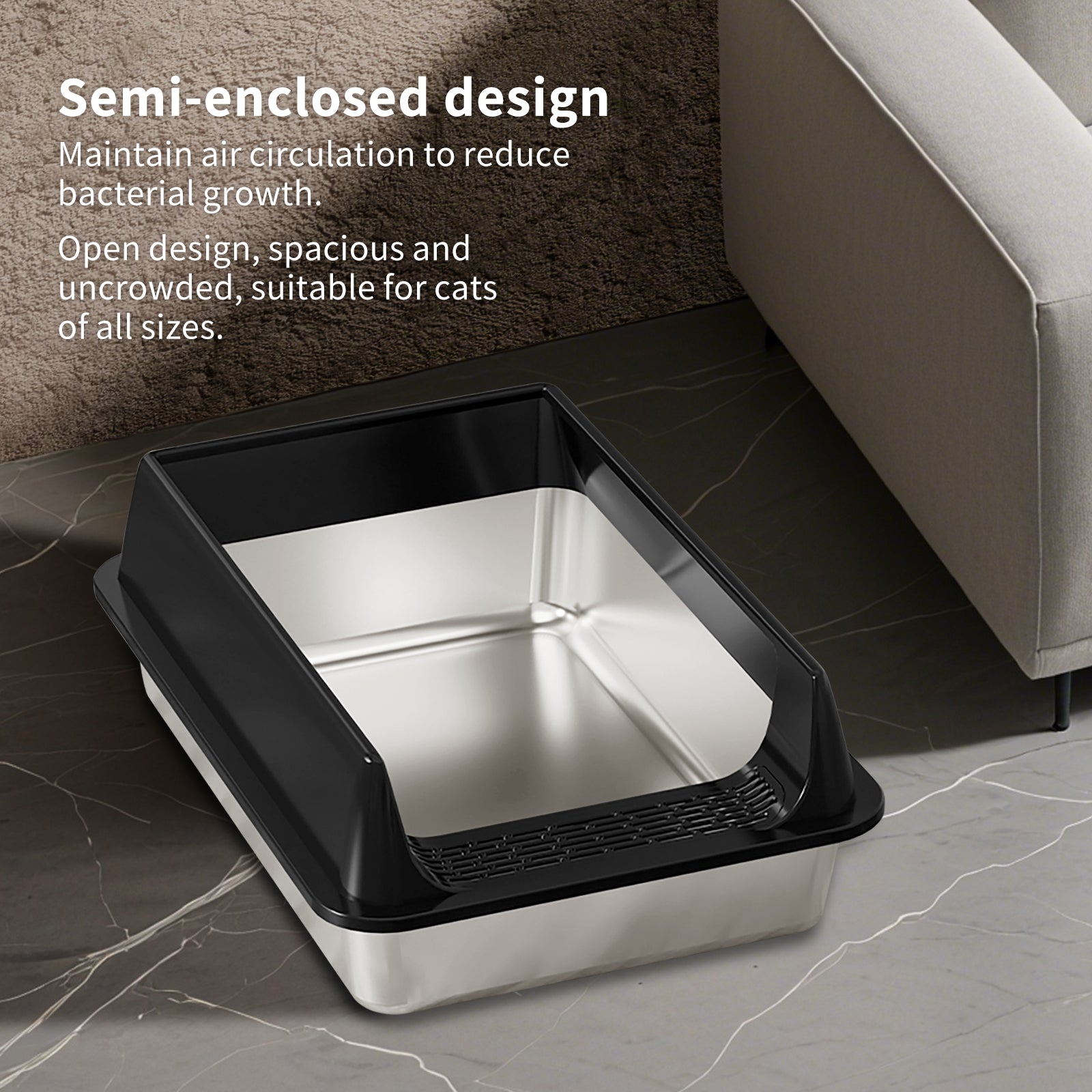 L-Size Stainless Steel Cat Litter Box — Black | Rust-Proof Litter Pan – gallery 7