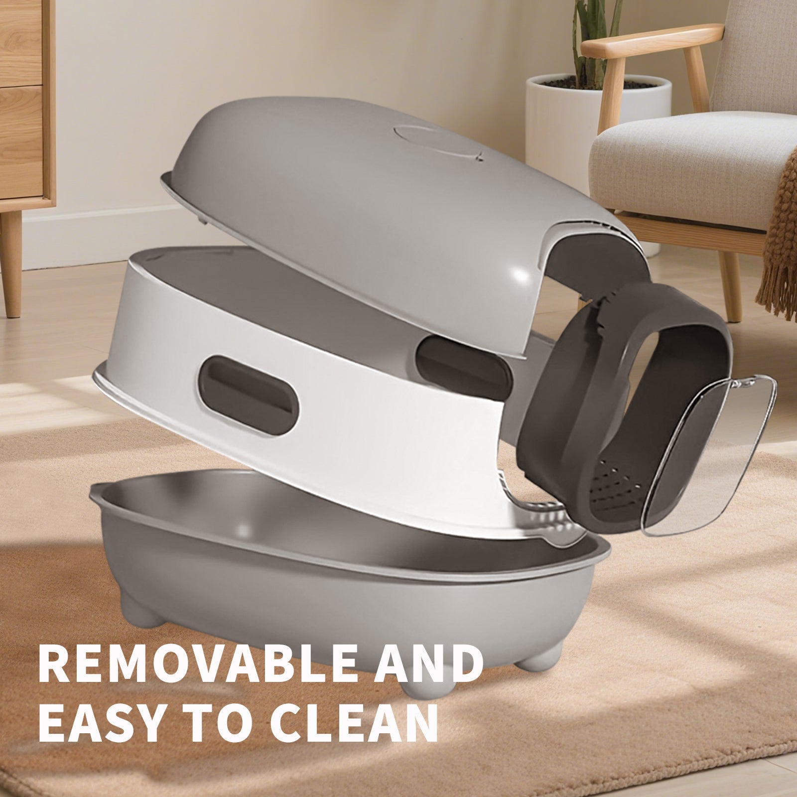 E-Style Cat Litter Box — Grey | Open-Top Litter Pan with Splash Guard – gallery 3