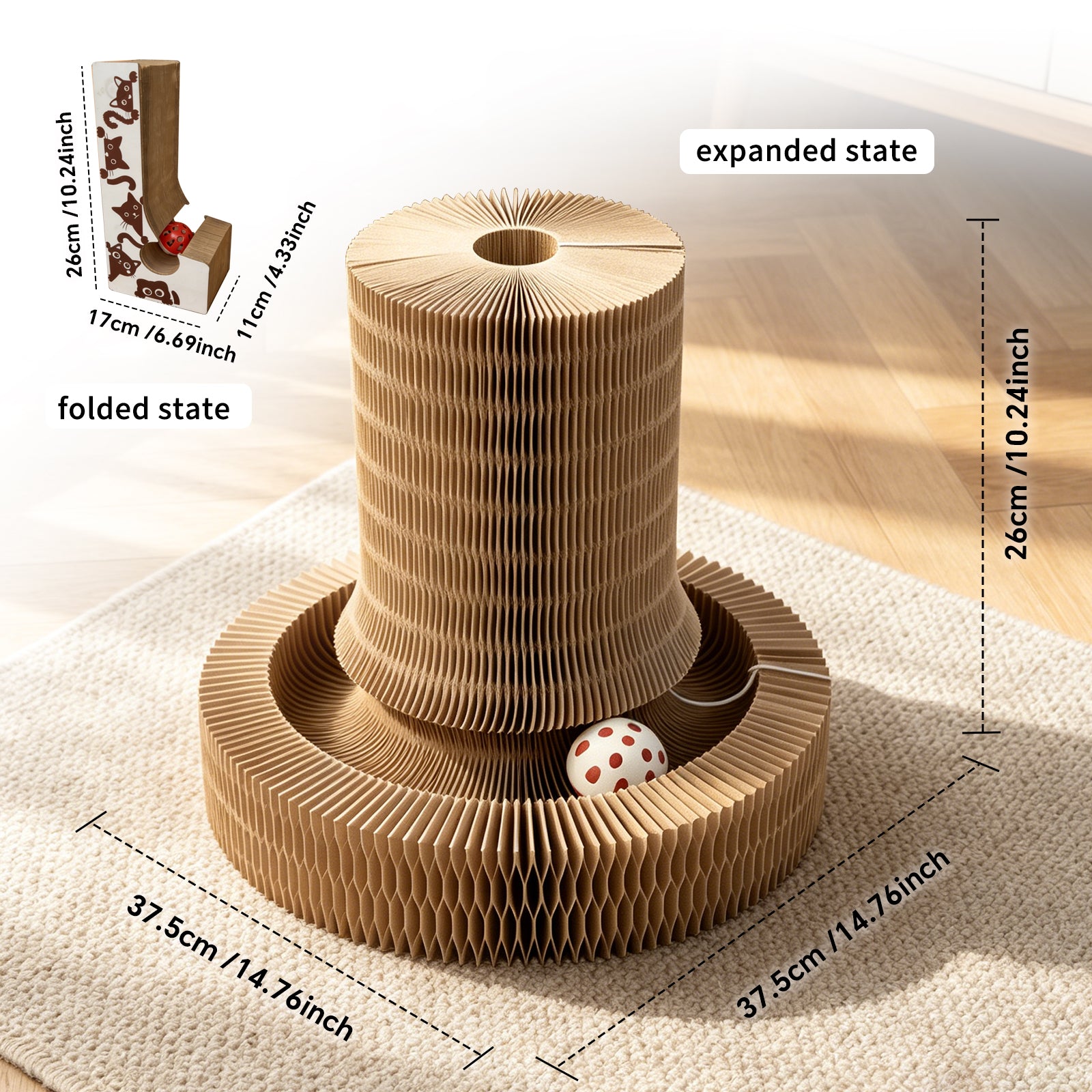 Accordion Cat Scratcher with Interactive Ball | Foldable Cardboard Lounger – gallery 8