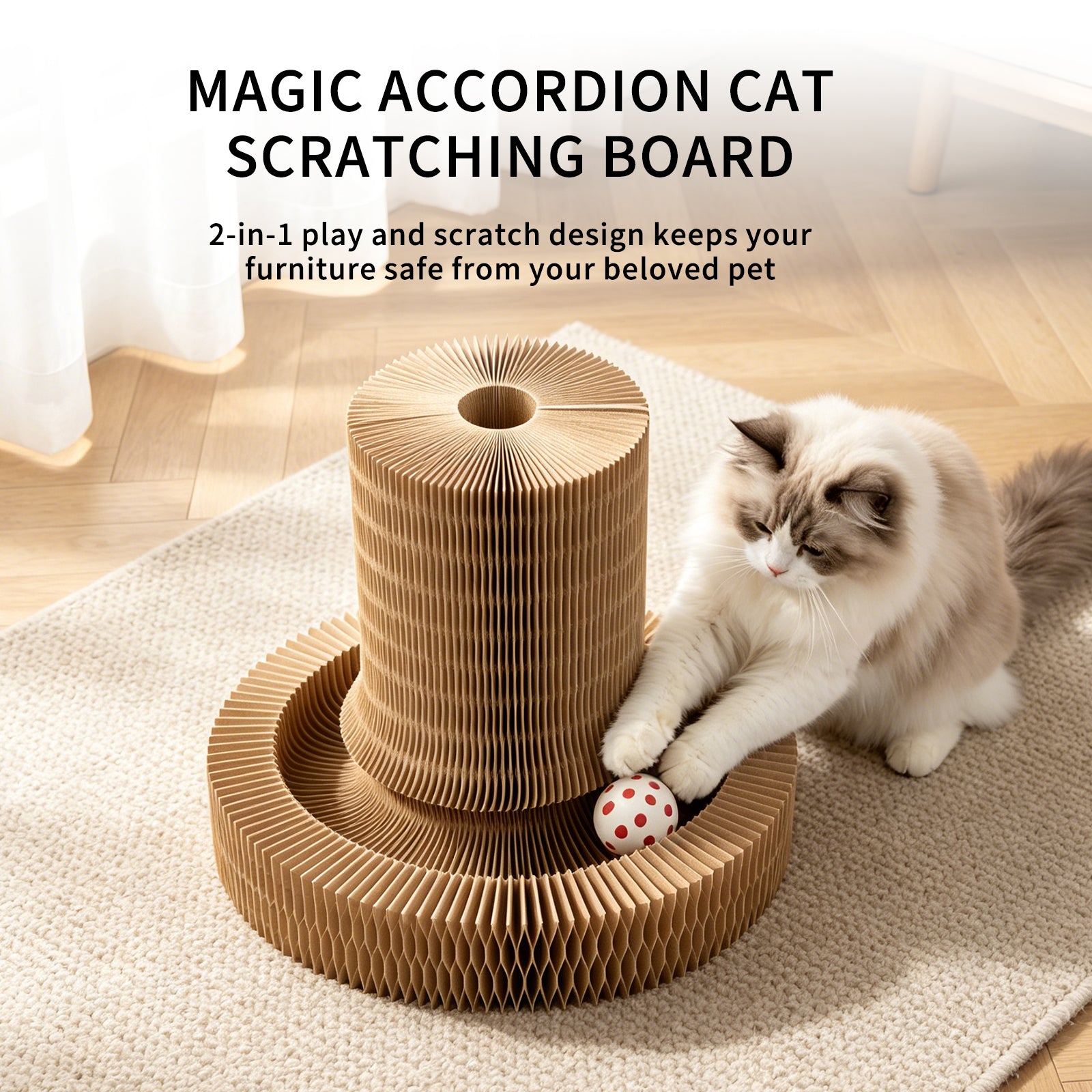 Accordion Cat Scratcher with Interactive Ball | Foldable Cardboard Lounger – gallery 3
