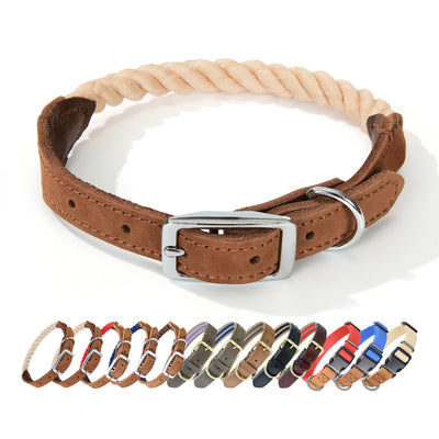 Mile High Life Rope Dog Collar | Durable Braided Cotton Rope Collars | Genuine Leather Dog Collar w Metal Pin Buckle | Classic Puppy Collars for Large Dog