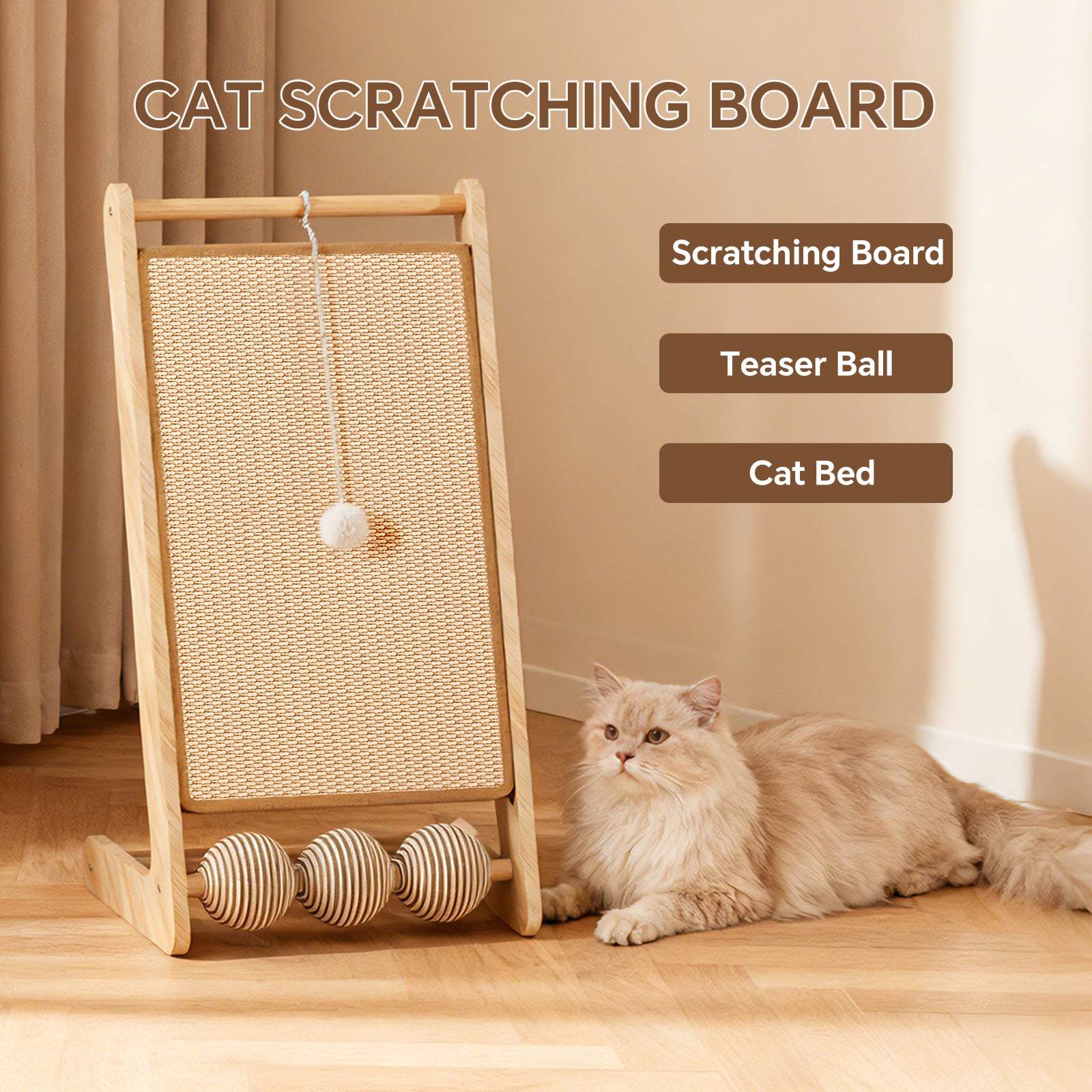 L-Shape Sisal Cat Scratcher with Interactive Ball Track – Natural